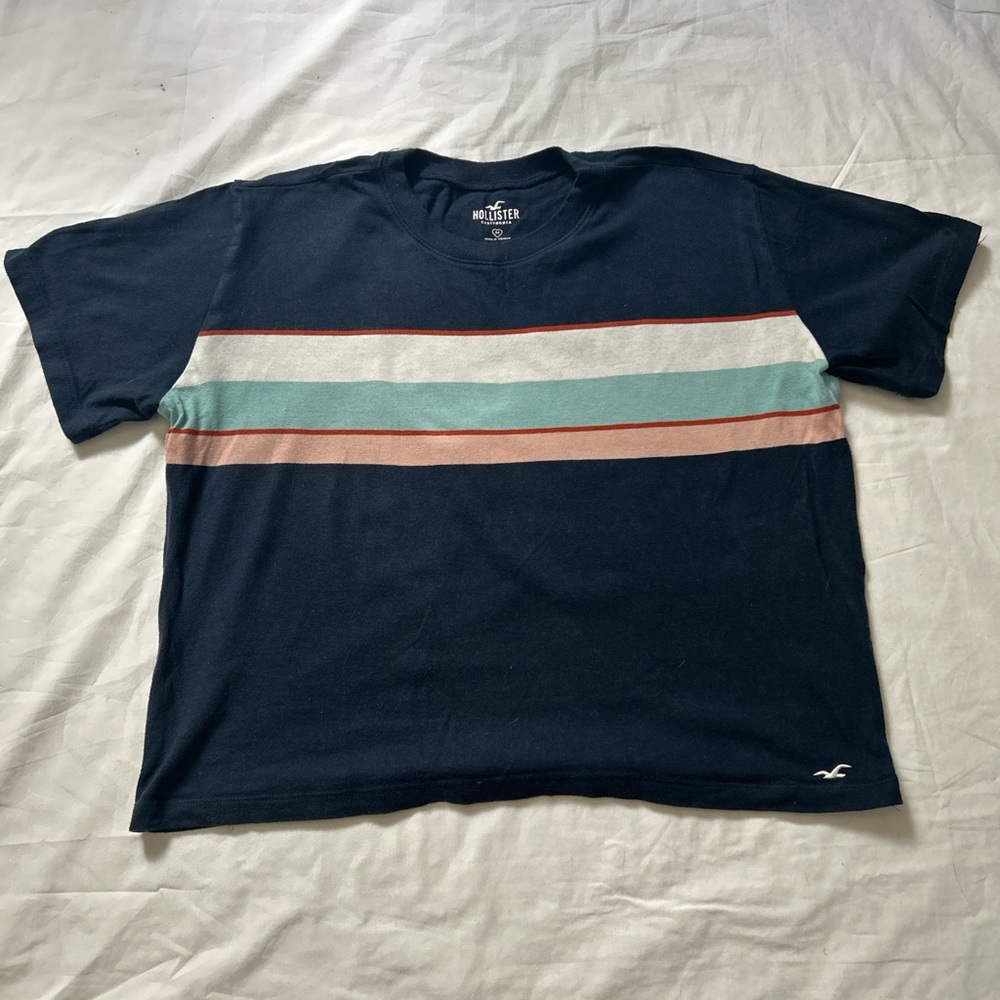 Hollister Blue and Multicolor Stripe Short Sleeve Crop Tee